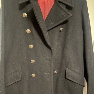 Ralph Lauren Navy Blue Double-Breasted Wool Peacoat with Brass Buttons